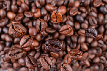 Brown Roasted Coffee Beans Closeup On, selective focus, soft focus.