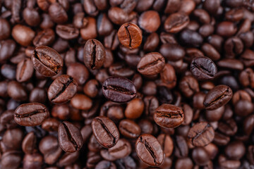 Brown Roasted Coffee Beans Closeup On, selective focus, soft focus.