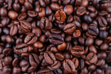 Brown Roasted Coffee Beans Closeup On, selective focus, soft focus.