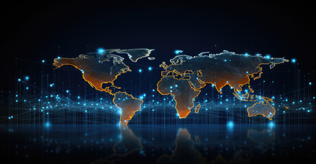 Blue and Orange World Map in Digital Design, World Illustration Wallpaper - Generative Ai