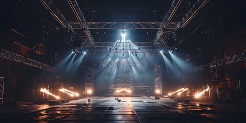 A Live stage production being built in an old warehouse. Stage rigging equipment, lighting trusses, and PA systems being carried in