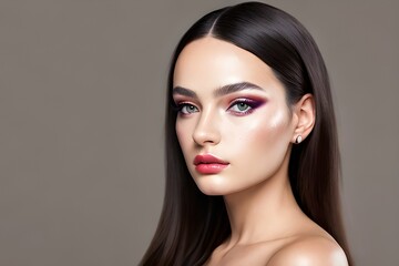 Fototapeta premium Cosmetics woman showing makeup with straight hair ai generative art