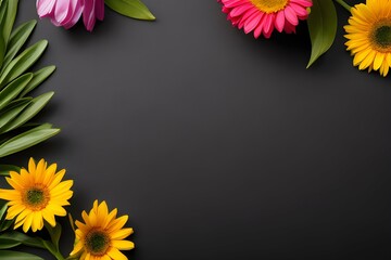 Summer flowers border on black background. AI Generative