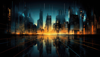 Fototapeta na wymiar Digital Skyline with Skyscrapers, Illustrated Art Wallpaper for Business and Stock - Generative Ai