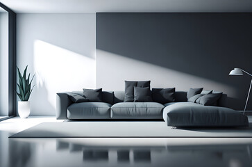 Stylish modern living room with a large gray sofa in minimalist