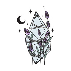 Magical crystal with flowers, moon and stars. Vector art