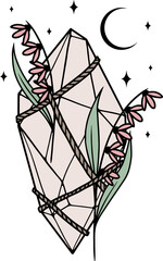 Magical crystal with flowers, moon and stars. Vector art