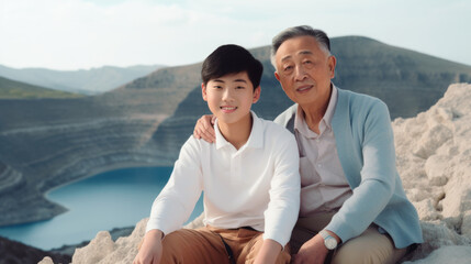 Fototapeta premium Asian Chinese grandson his grandfather in travel in Greece islands Europe with mediterranean coastal view