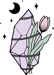 Magical crystal with flowers, moon and stars. Vector art
