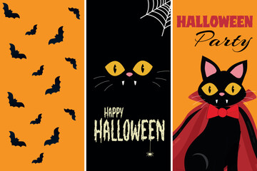 Halloween cards set. Halloween poster for party.Halloween vector illustrations with cat. Halloween party