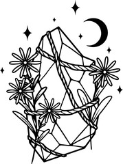 Magical crystal with flowers, moon and stars. Vector art