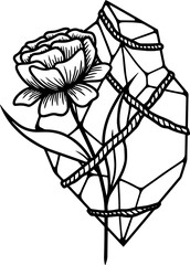 Magical crystal with flowers, moon and stars. Vector art