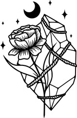 Magical crystal with flowers, moon and stars. Vector art