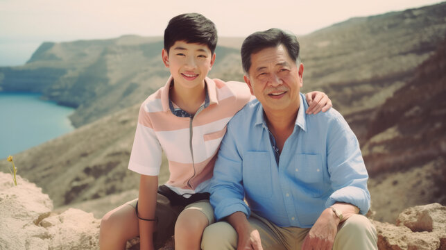 Asian Chinese Grandson His Grandfather In Travel In Greece Islands Europe With Mediterranean Coastal View