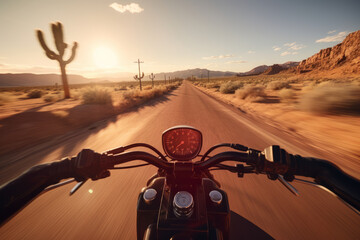 first person perspective riding a vintage motorcycle galloping on US Route and natural landscape