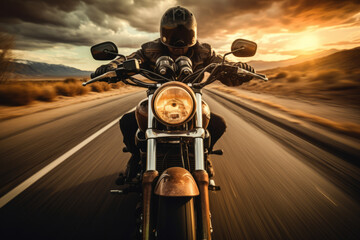 Front view of a biker riding a vintage motorcycle galloping on US Route and natural American landscape