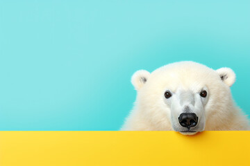 Polar bear peeking over pastel bright background. advertisement, banner, card. copy text space. birthday party invite invitation