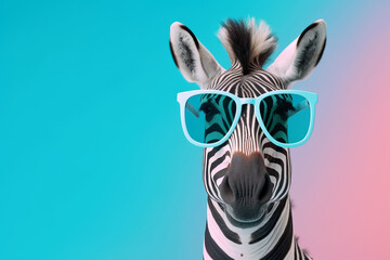 Fototapeta na wymiar Zebra with sunglasses isolated on solid pastel background, commercial, editorial advertisement, surreal surrealism