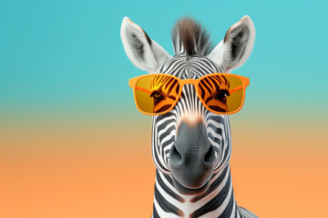 Naklejka premium Zebra with sunglasses isolated on solid pastel background, commercial, editorial advertisement, surreal surrealism