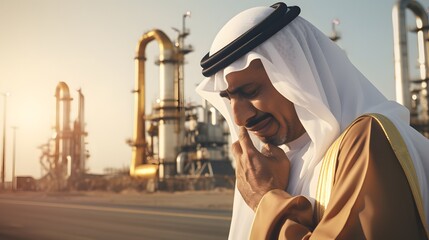 An elderly Arab man wearing a keffiyeh against the background of an oil refinery with a sad expression on his face