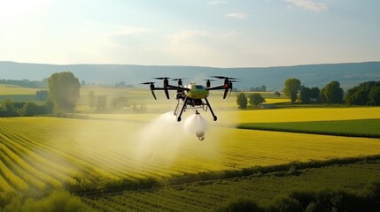 Smart farm drone flying spray Modern technologies in agriculture. industrial drone flies over green field and sprays useful pesticides to increase productivity destroys harmful insects. 