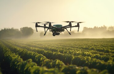 Smart farm drone flying spray Modern technologies in agriculture. industrial drone flies over green field and sprays useful pesticides to increase productivity destroys harmful insects. 