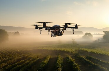 Smart farm drone flying spray Modern technologies in agriculture. industrial drone flies over green field and sprays useful pesticides to increase productivity destroys harmful insects. 