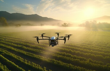 Smart farm drone flying spray Modern technologies in agriculture. industrial drone flies over green field and sprays useful pesticides to increase productivity destroys harmful insects. 