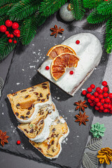 Traditional Christmas stollen, German cake. European pastry, fragrant home baked bread with spices