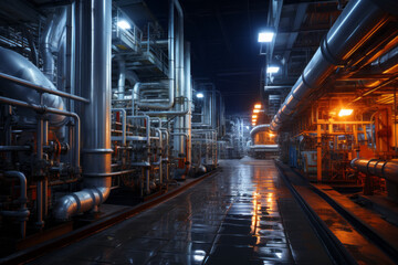 Inside an oil refinery. Pipes, oil, installations for oil. Factory. Energy. Oil. AI generation