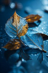 autumn leaves on water, Beautiful Light on Two Transparent Skeleton Leaves Macro, Resting on Wet Surface against a Blue Background in Nature.