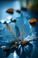 leaf on the water, Macro Shot of Two Transparent Skeleton Leaves on a Wet Surface, with a Beautiful Blue Nature Background and Soft Illumination.