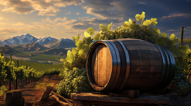 Barril de vinho com vinhedo