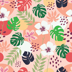 Floral seamless pattern. Monstera, aralia leaves, periwinkle flowers and blobs. Allover whimsical arrangement of foliage motifs