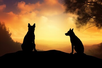 Fototapeta premium Silhouettes of two dogs sitting on a mountain at sunset.
