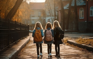 School friends a boy and two girls with school backpack. AI, Generative AI