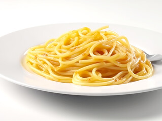 Spaghetti on a white plate with a spoon on a white background.