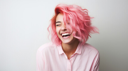 young laughing woman with pastel pink hair, tongue sticking out, blue eyes, peace gestures funny facial expressions