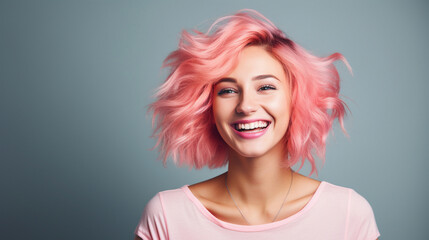 young laughing woman with pastel pink hair, tongue sticking out, blue eyes, peace gestures funny facial expressions