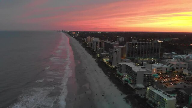 Beautiful sunset over Myrtle Beach coastline, panoramic aerial view