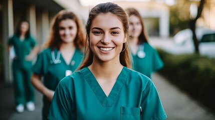 Fototapeta premium Portrait of a young nursing student standing with her team in hospital, dressed in scrubs, Doctor intern