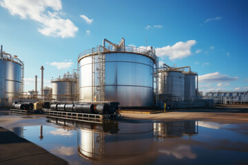 Obraz premium Outside an oil refinery. Pipes, oil, installations for oil. Factory. Energy. Oil. AI generation