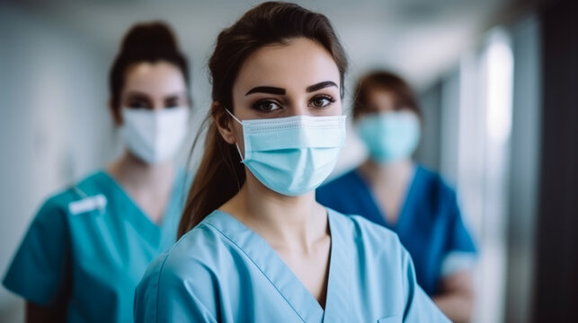 Portrait Of A Young Nursing Student Standing With Her Team In Hospital, Dressed In Scrubs, Doctor Intern