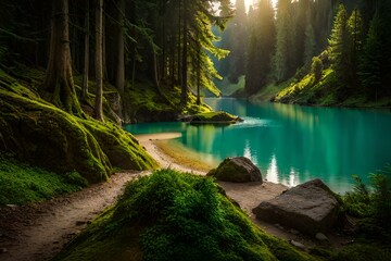 Obraz premium beautiful lakes in mountains generative by AI technology