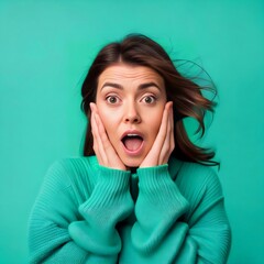 Photo of a shocked women wearing pullover isolated teal background