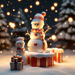 3d Merry Christmas 2023 with snowmen and podium , Ai generated art illustration. 