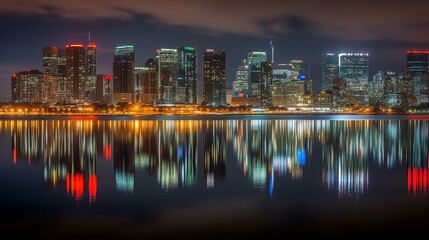 Fototapeta na wymiar Captivating Nightscapes: Illuminated Cityscapes, Water Reflections, Skyscrapers, and Urban Charm, generative AI