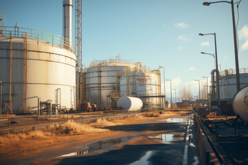 Obraz premium Outside an oil refinery. Pipes, oil, installations for oil. Factory. Energy. Oil. AI generation
