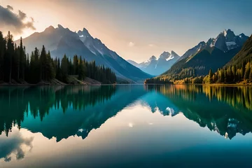 Fotobehang Blauwgroen beautiful lakes in mountains generative by AI technology