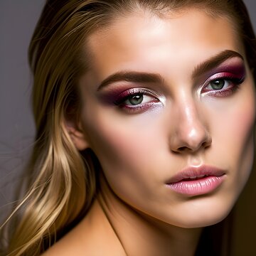 Close up of fashion makeup woman face. Beauty model. AI generative image